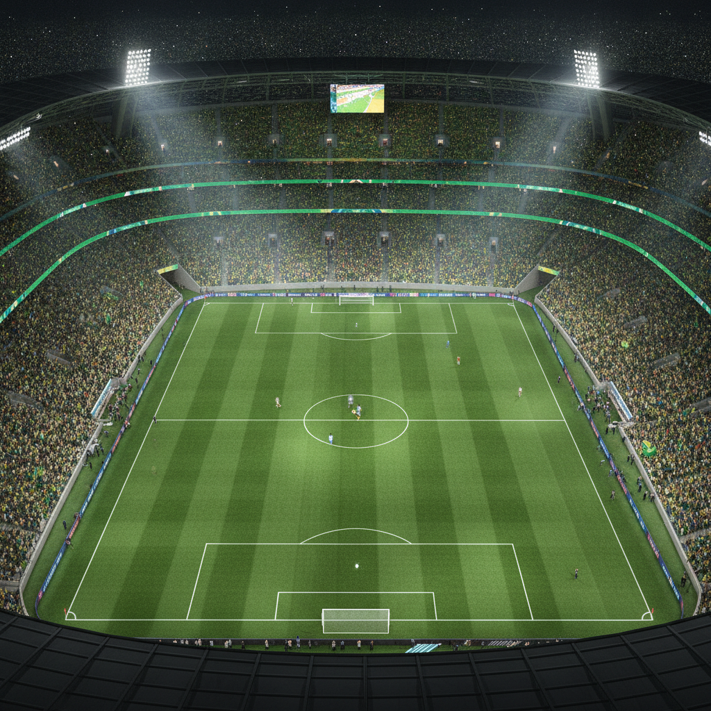 Estádio lotado durante partida da Copa do Mundo 2026 com torcida vibrando